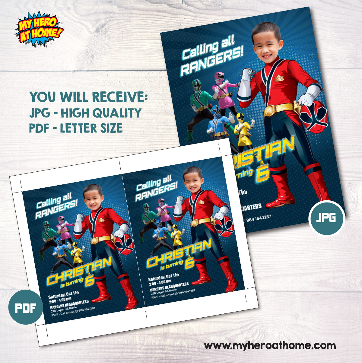 Custom Red Power Ranger Party Invitation with Birthday child as the Red Ranger. 837IN