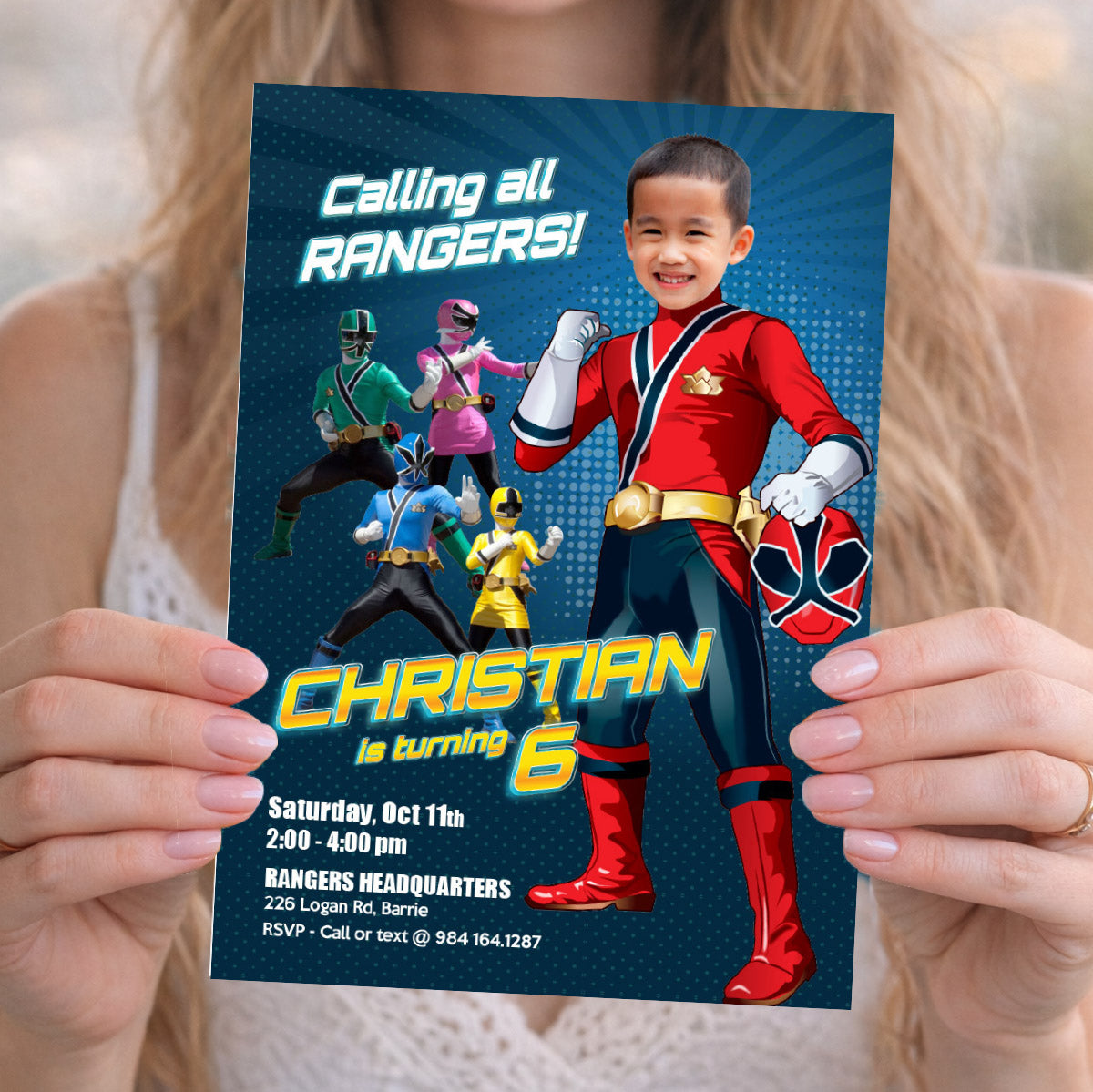 Custom Red Power Ranger Party Invitation with Birthday child as the Red Ranger. 837IN