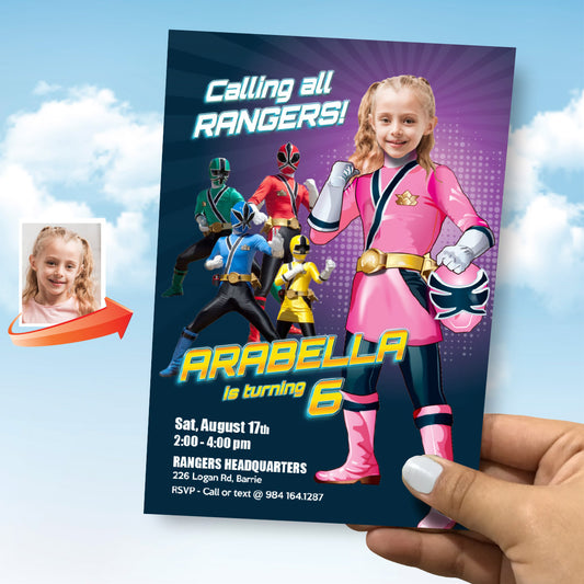 Girl Power Rangers Birthday Pink Invitation with photo, Girl Ranger Theme Party. 838IN