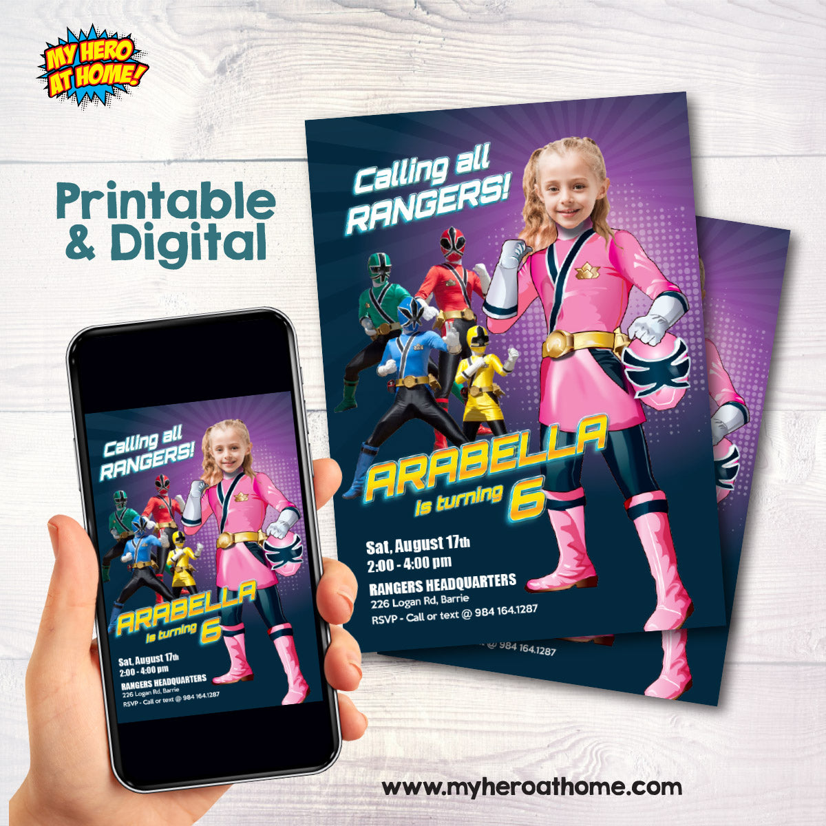 Girl Power Rangers Birthday Pink Invitation with photo, Girl Ranger Theme Party. 838IN