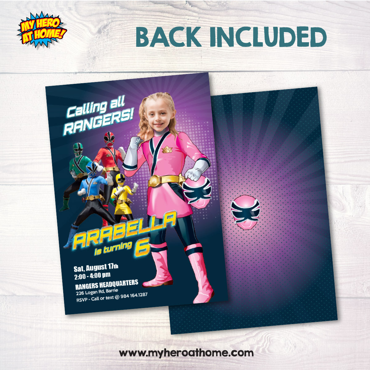 Girl Power Rangers Birthday Pink Invitation with photo, Girl Ranger Theme Party. 838IN