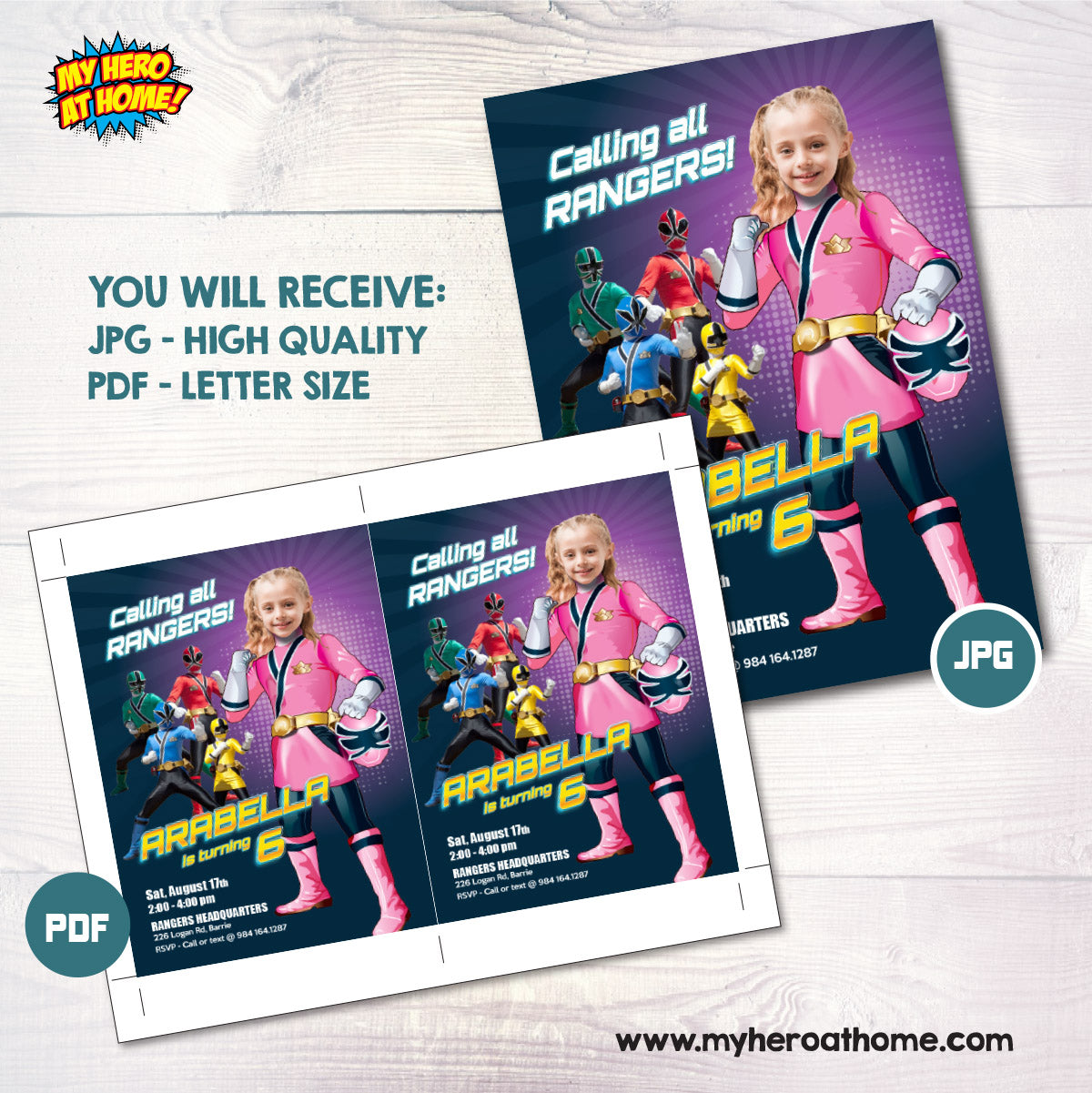 Girl Power Rangers Birthday Pink Invitation with photo, Girl Ranger Theme Party. 838IN