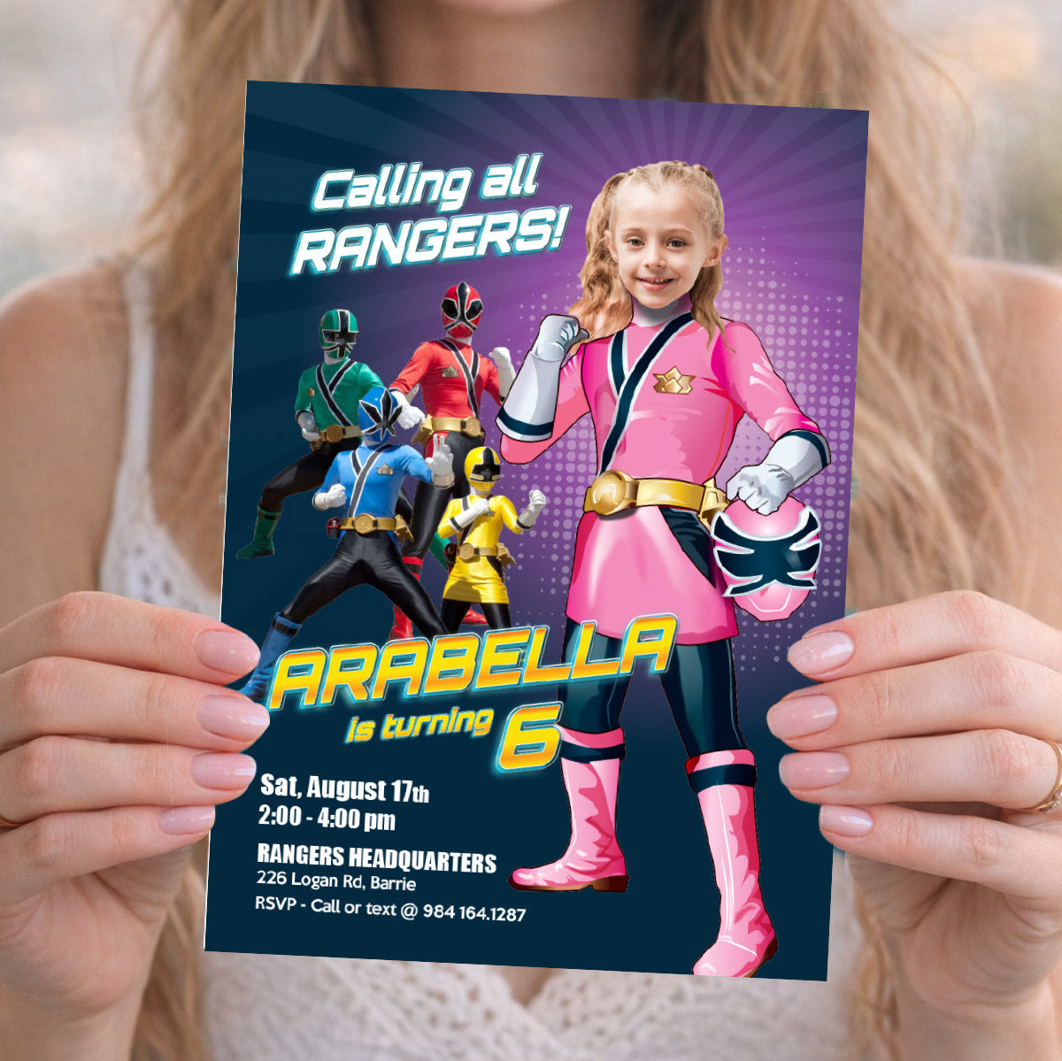 Girl Power Rangers Birthday Pink Invitation with photo, Girl Ranger Theme Party. 838IN