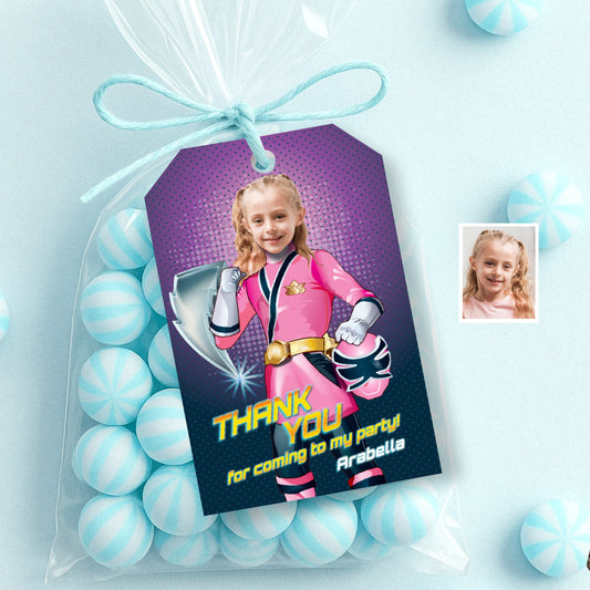 Custom Pink Power Rangers Party Favor Tags and Thank You with photo. 838TY