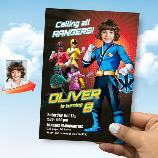 Custom Power Rangers Party Invitation with birthday boy as the Blue Ranger. 839IN