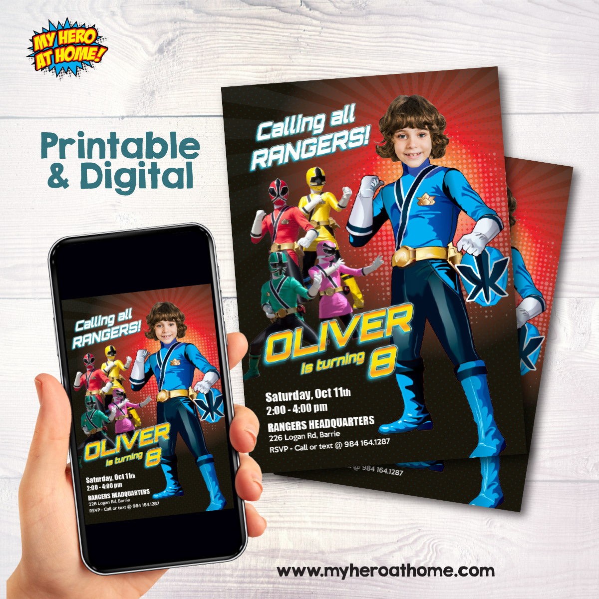 Custom Power Rangers Party Invitation with birthday boy as the Blue Ranger. 839IN