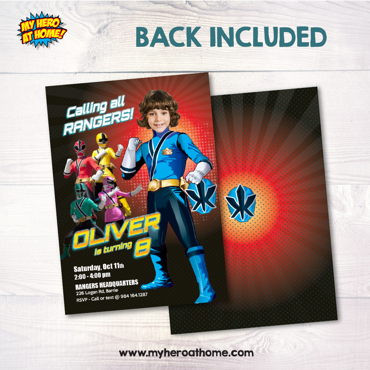 Custom Power Rangers Party Invitation with birthday boy as the Blue Ranger. 839IN