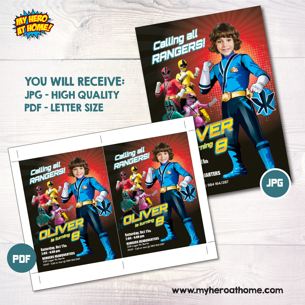 Custom Power Rangers Party Invitation with birthday boy as the Blue Ranger. 839IN
