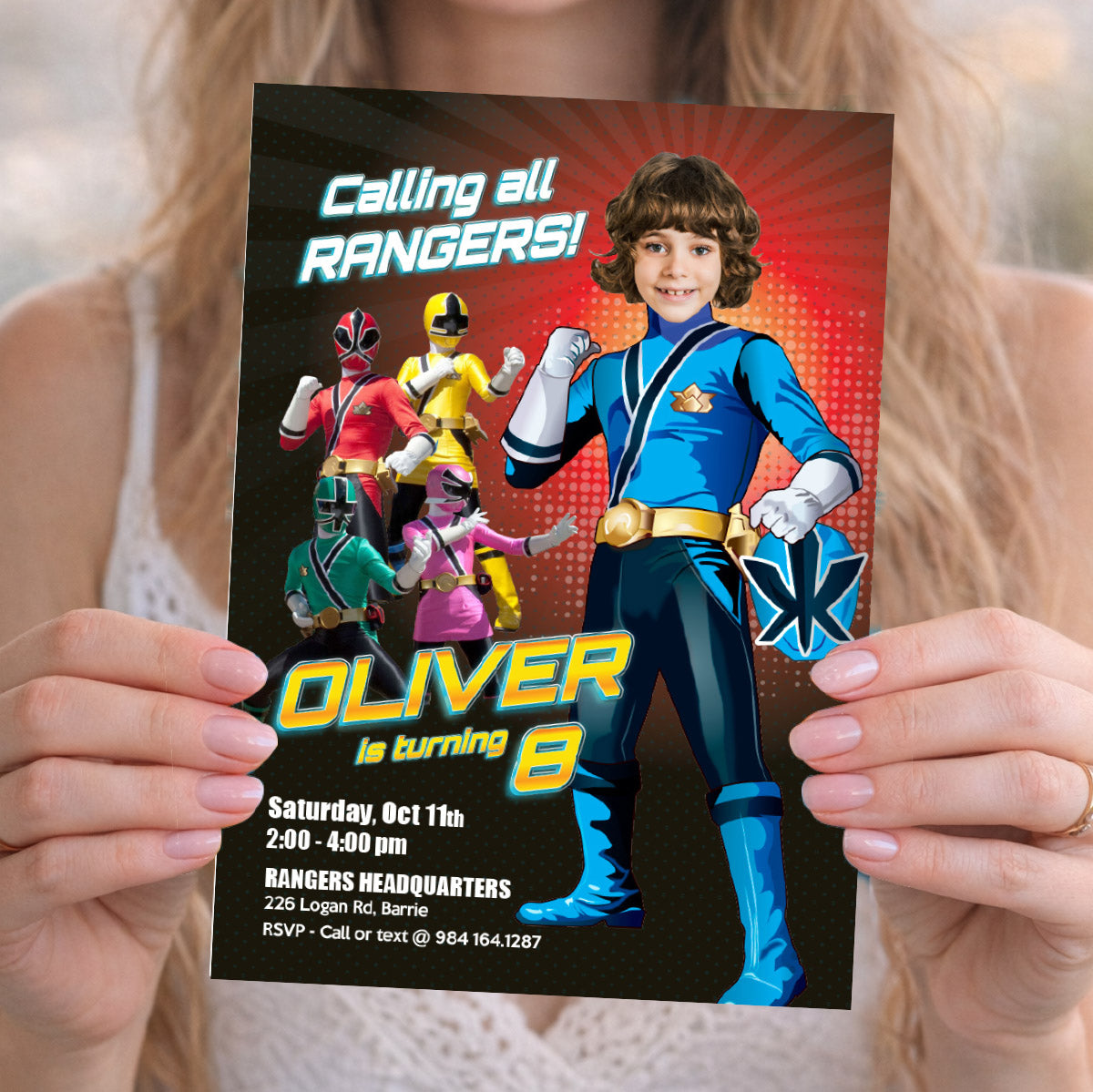 Custom Power Rangers Party Invitation with birthday boy as the Blue Ranger. 839IN
