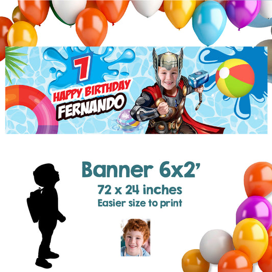 Thor Pool Party Horizontal Banner customized with your kid as Thor (6x2', Landscape). 857BBH