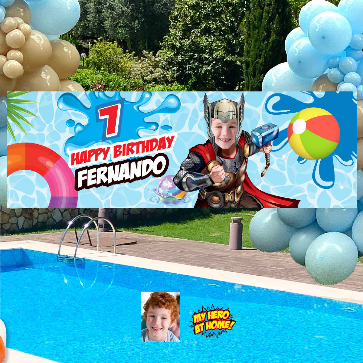 Thor Pool Party Horizontal Banner customized with your kid as Thor (6x2', Landscape). 857BBH