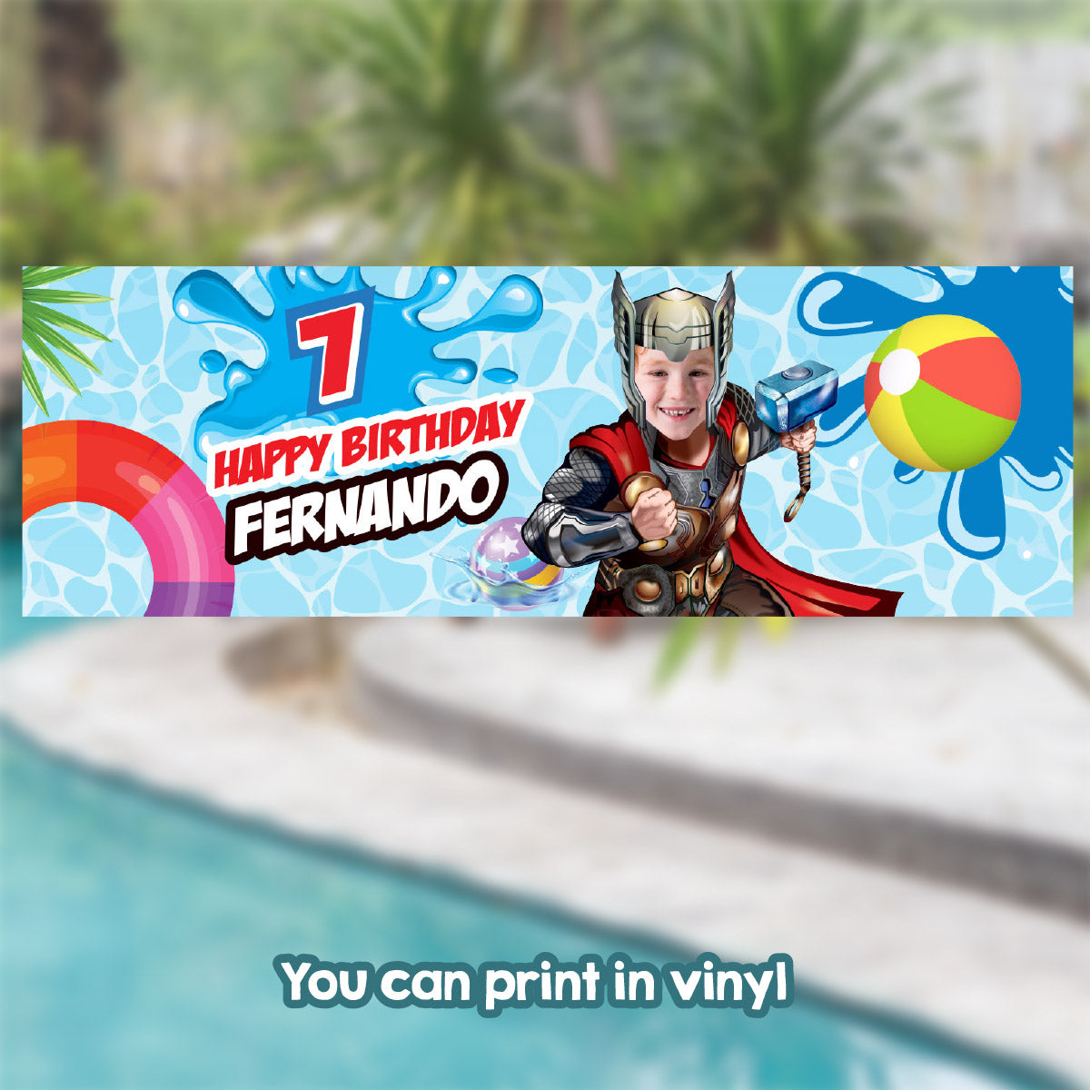 Thor Pool Party Horizontal Banner customized with your kid as Thor (6x2', Landscape). 857BBH