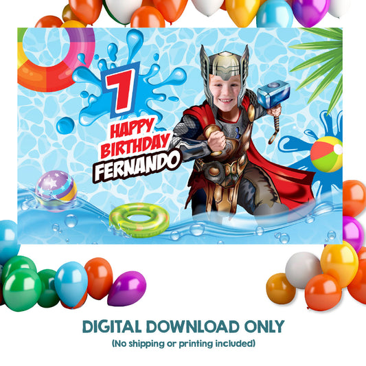 Thor Pool Party Banner Backdrop with birthday boy as the star. 857BB