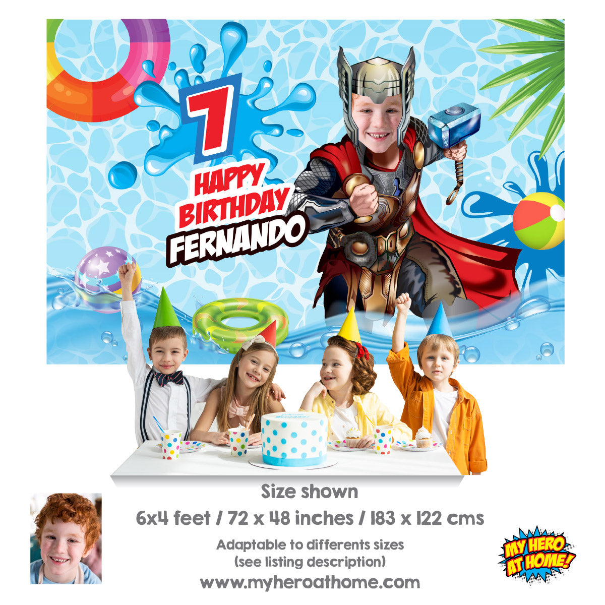 Thor Pool Party Banner Backdrop with birthday boy as the star. 857BB
