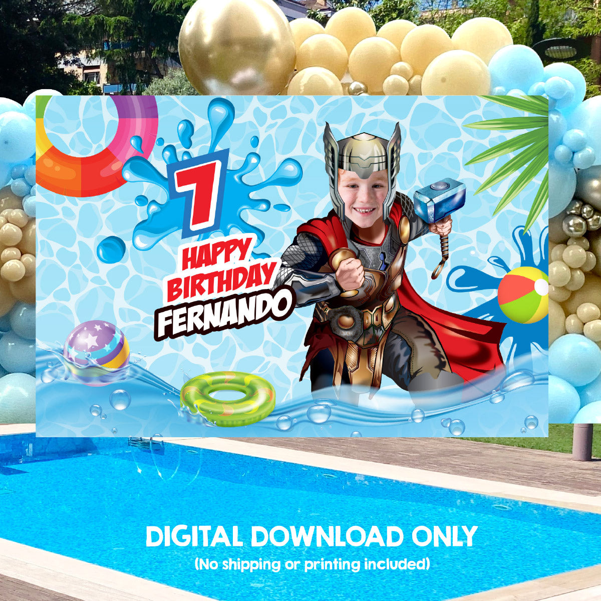 Thor Pool Party Banner Backdrop with birthday boy as the star. 857BB