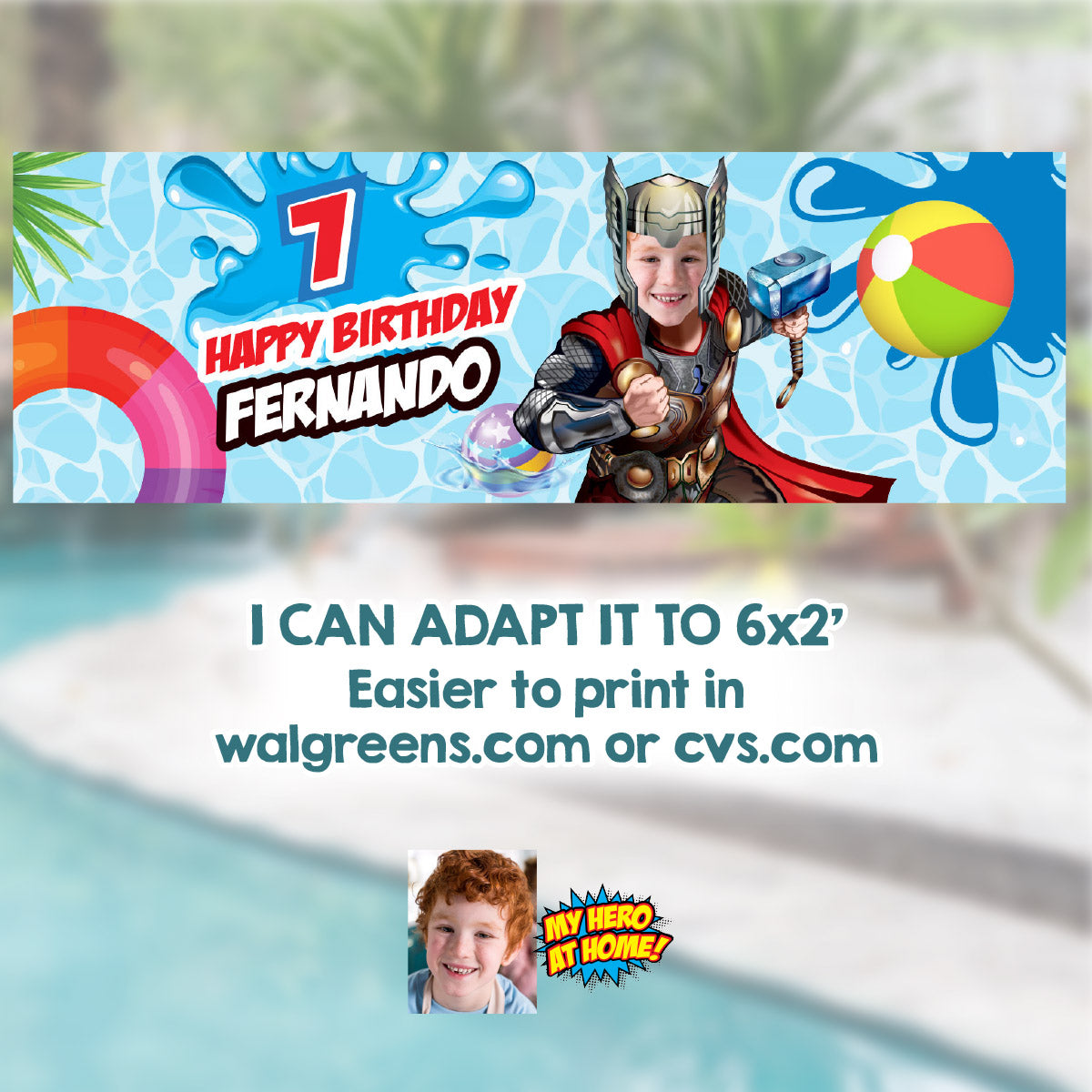 Thor Pool Party Banner Backdrop with birthday boy as the star. 857BB