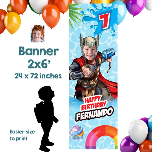 Thor pool party vertical banner with birthday kid as Thor (Portrait, Roll up banner). 857BBV