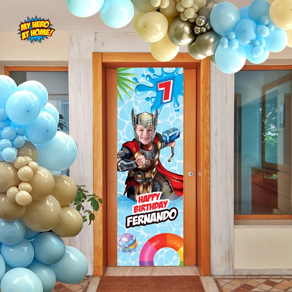 Thor pool party vertical banner with birthday kid as Thor (Portrait, Roll up banner). 857BBV
