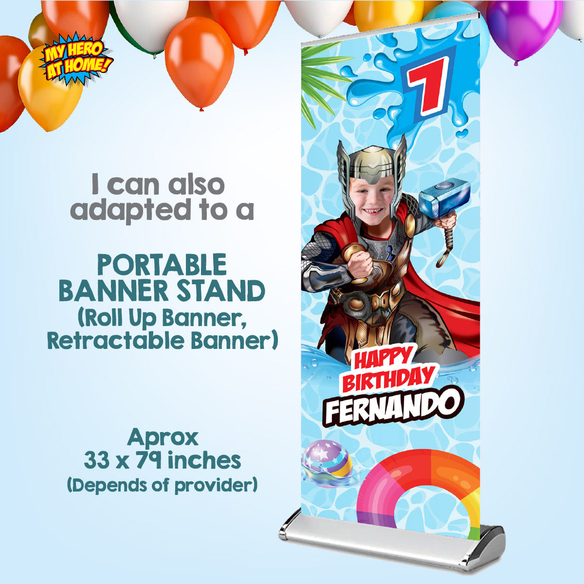 Thor pool party vertical banner with birthday kid as Thor (Portrait, Roll up banner). 857BBV