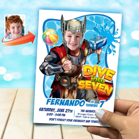 Thor Dive Into Age Pool Party Invitation with photo, Superheroes Splash template. 857BIN