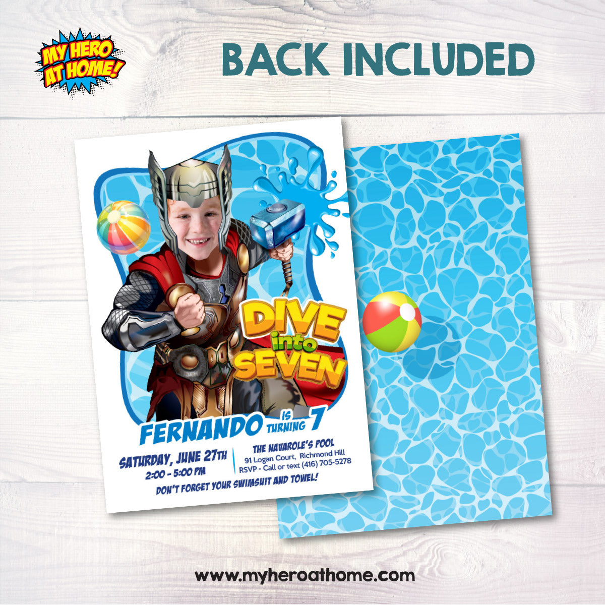 Thor Dive Into Age Pool Party Invitation with photo, Superheroes Splash template. 857BIN