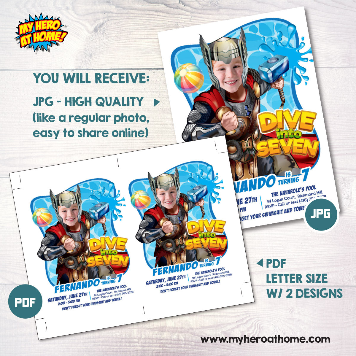 Thor Dive Into Age Pool Party Invitation with photo, Superheroes Splash template. 857BIN