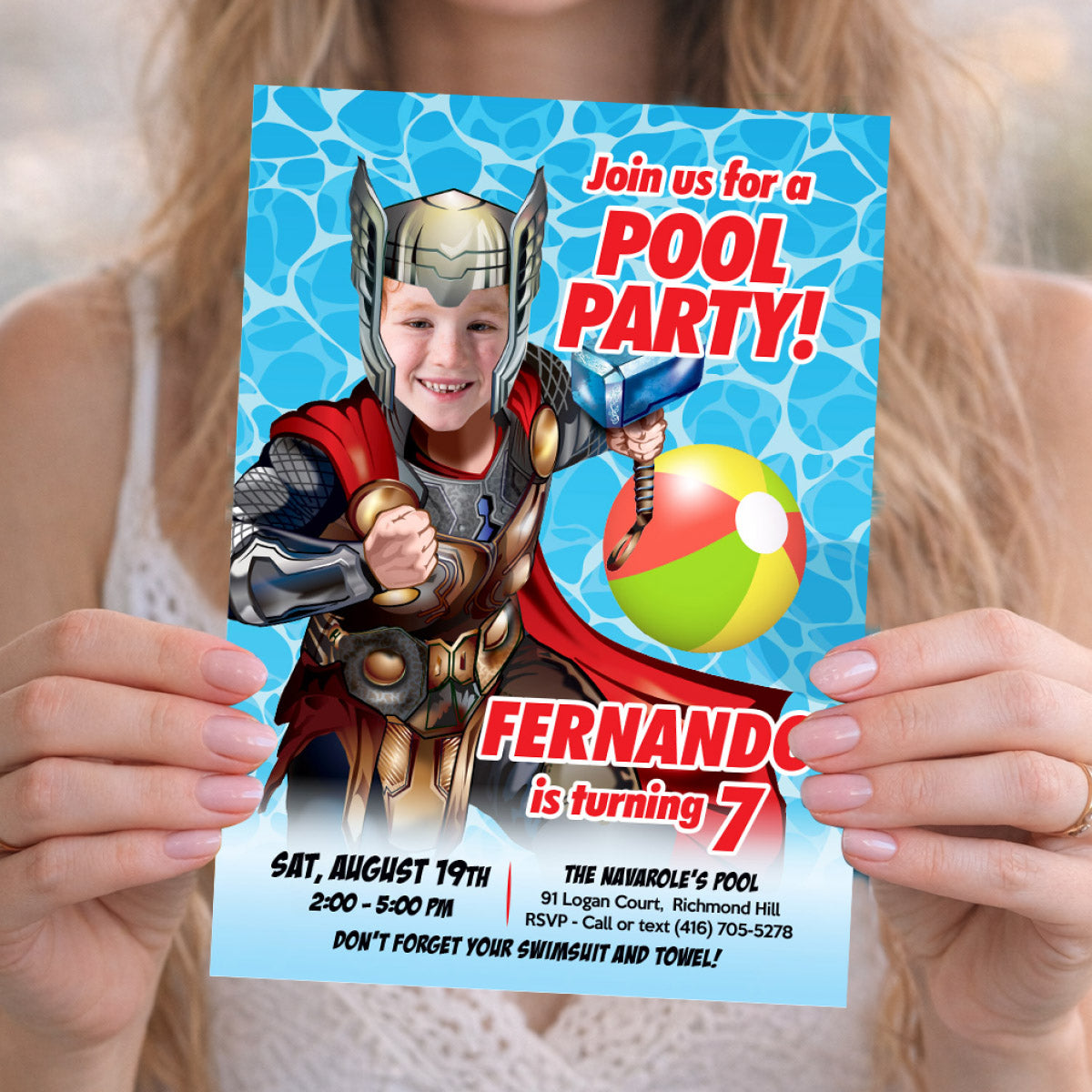 Thor Pool Party Invitation template, Thor swap face party Invitation, Pool Party Thor template. 857IN