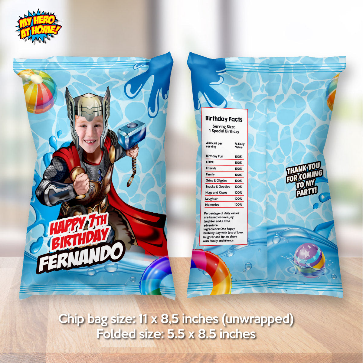 Thor Pool Party Chip Bags with photo, Splash Party Snacks wrappers. 857CB