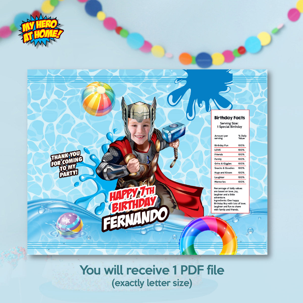 Thor Pool Party Chip Bags with photo, Splash Party Snacks wrappers. 857CB