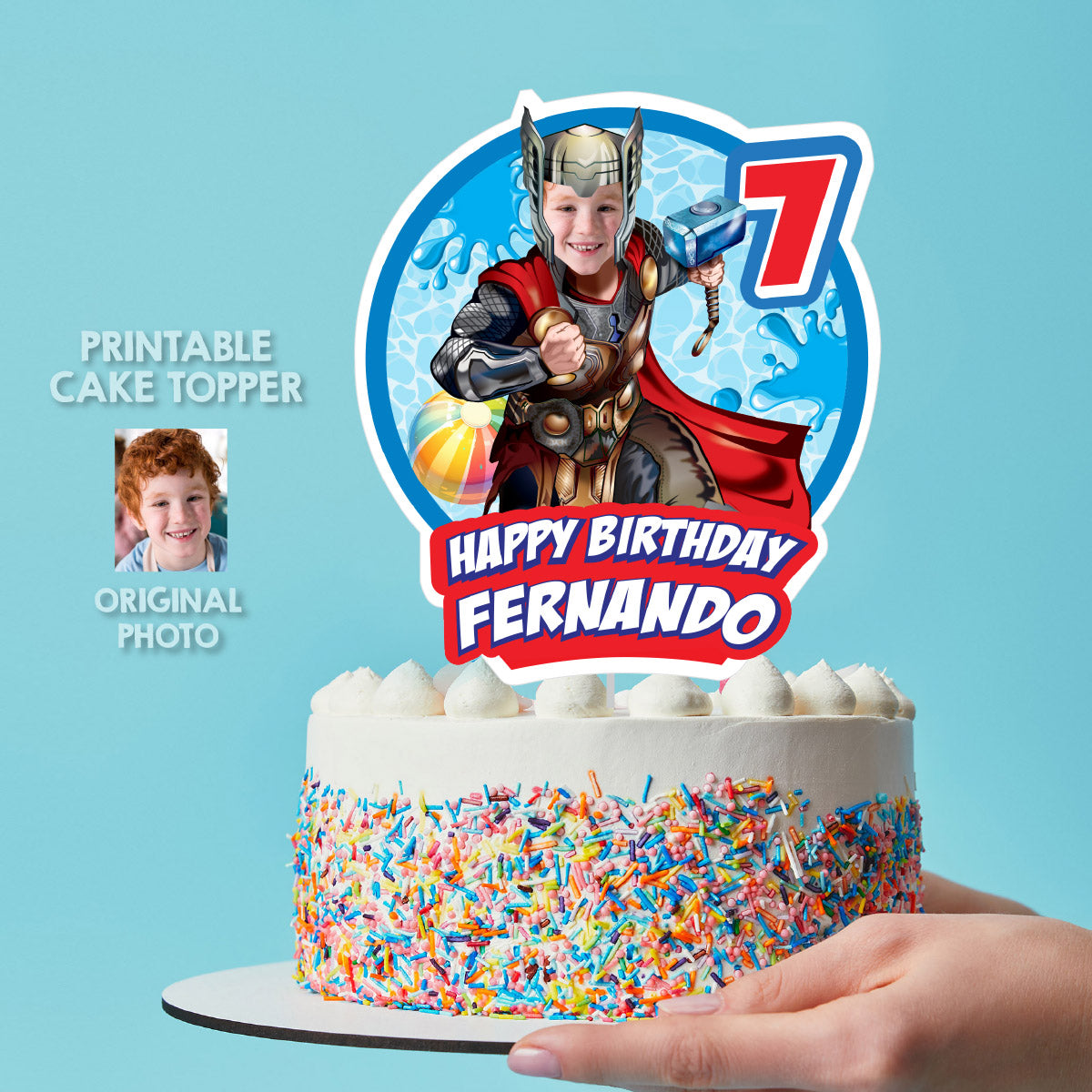 Thor Pool Party Cake Topper With Photo, Avengers Splash birthday cake. 857CT1