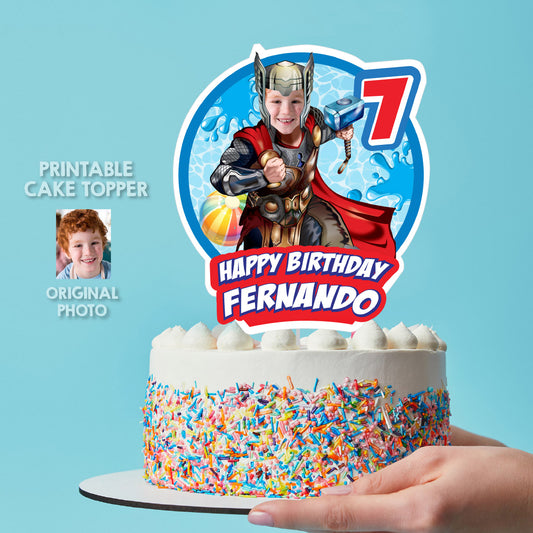 Thor Pool Party Cake Topper With Photo, Avengers Splash birthday cake. 857CT1