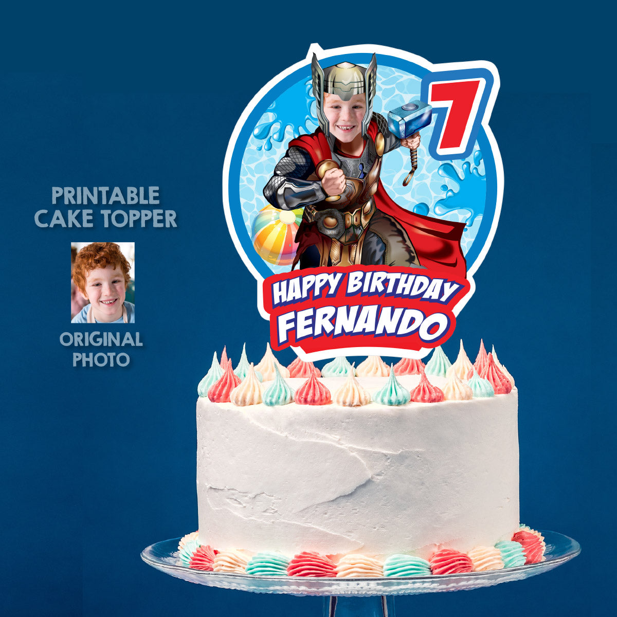 Thor Pool Party Cake Topper With Photo, Avengers Splash birthday cake. 857CT1