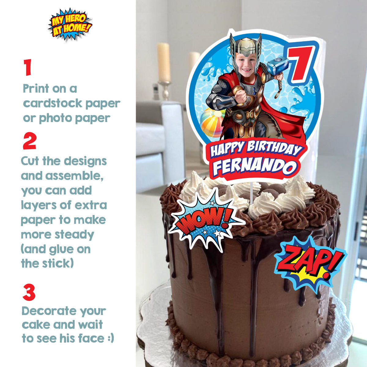 Thor Pool Party Cake Topper With Photo, Avengers Splash birthday cake. 857CT1