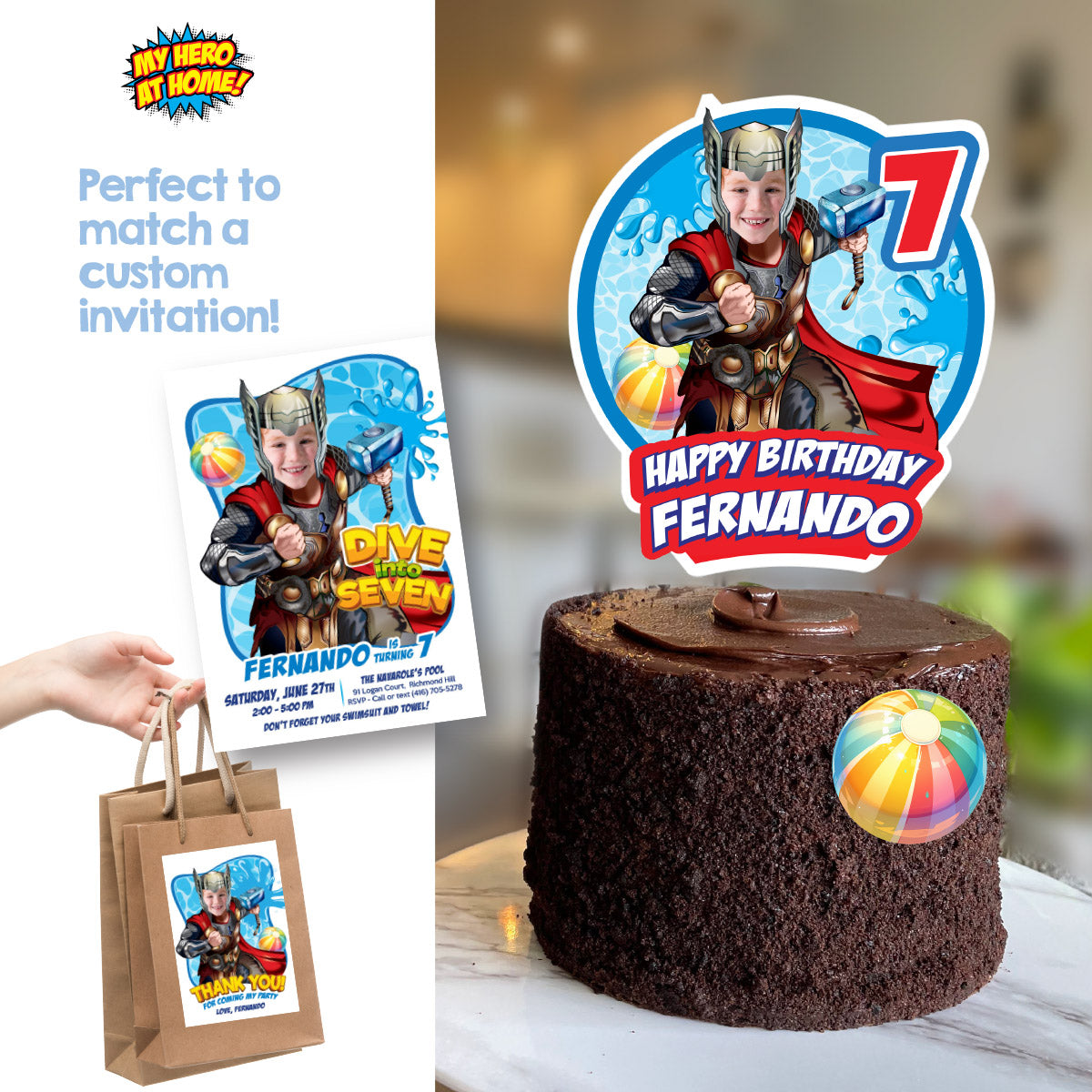 Thor Pool Party Cake Topper With Photo, Avengers Splash birthday cake. 857CT1