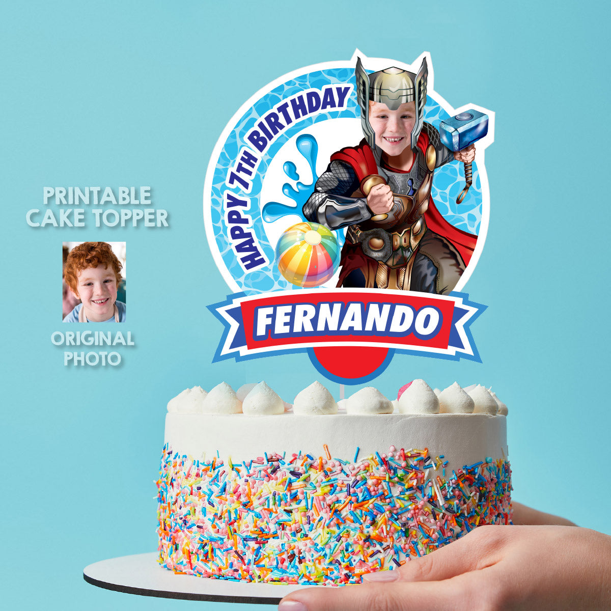 Personalized Pool Party cake topper with birthday child as Thor. 857CT2