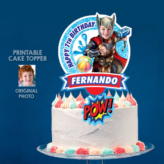 Personalized Pool Party cake topper with birthday child as Thor. 857CT2