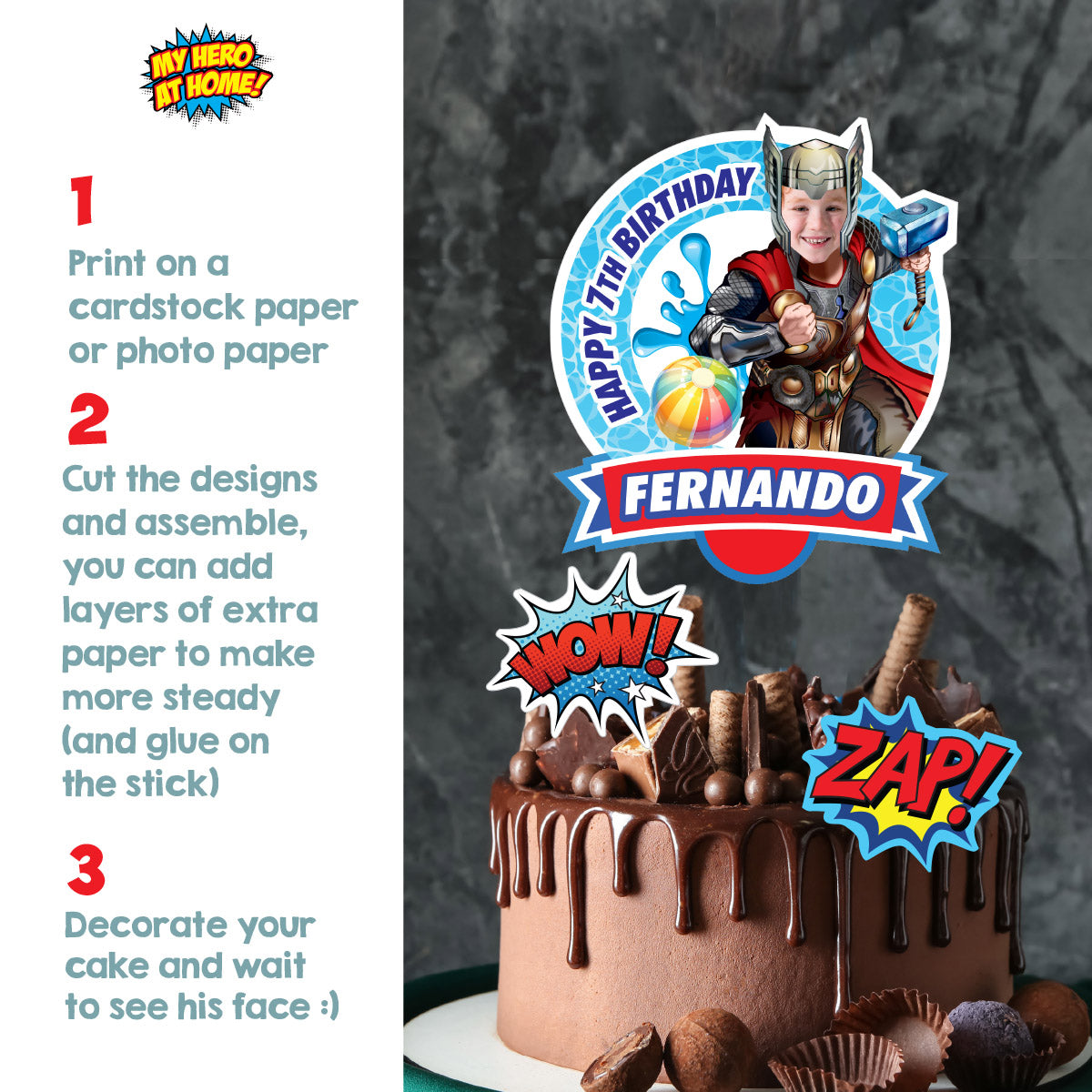 Personalized Pool Party cake topper with birthday child as Thor. 857CT2