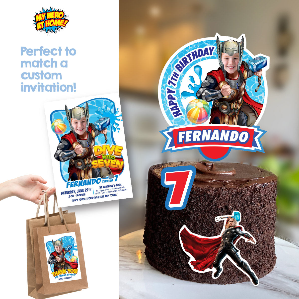 Personalized Pool Party cake topper with birthday child as Thor. 857CT2