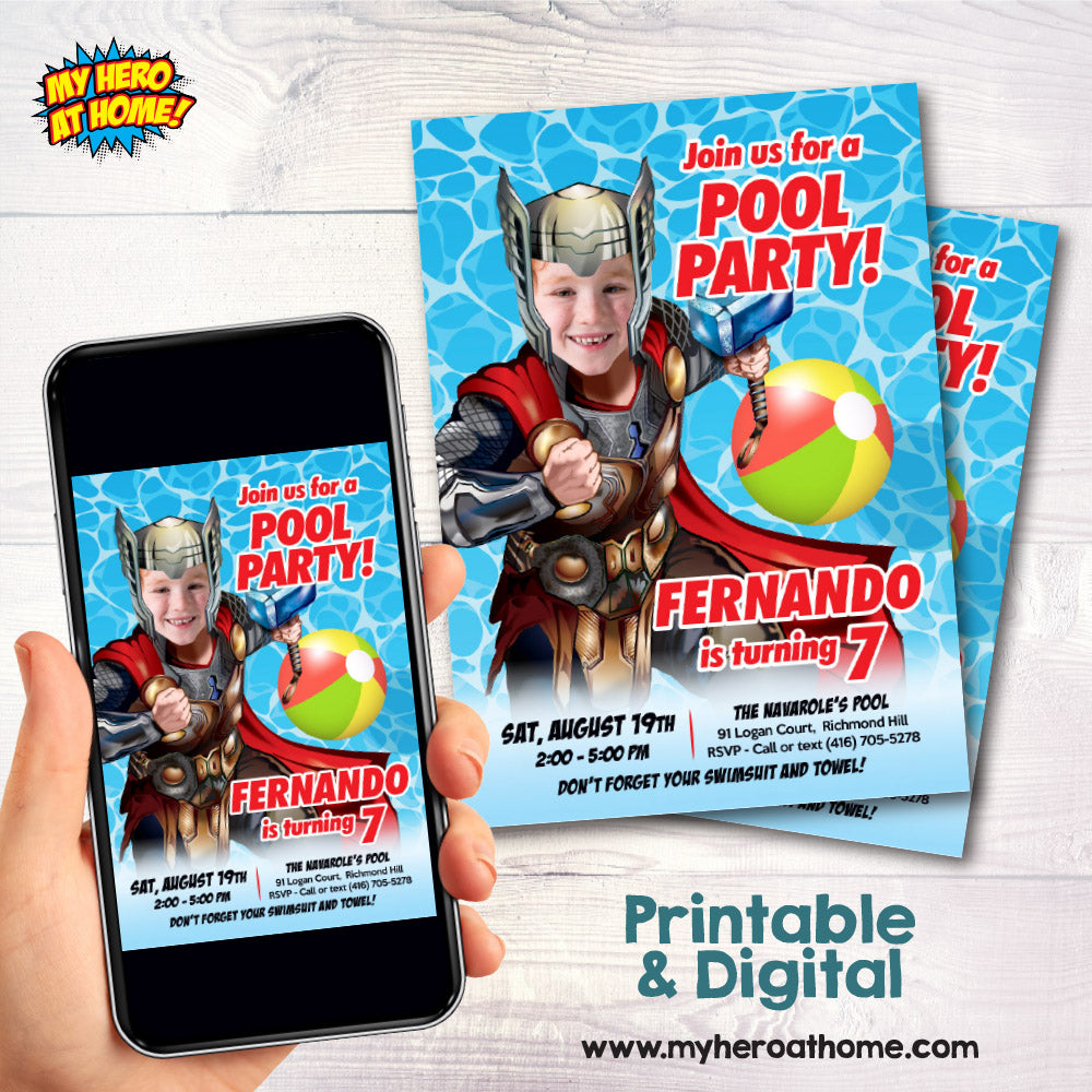 Thor Pool Party Invitation template, Thor swap face party Invitation, Pool Party Thor template. 857IN