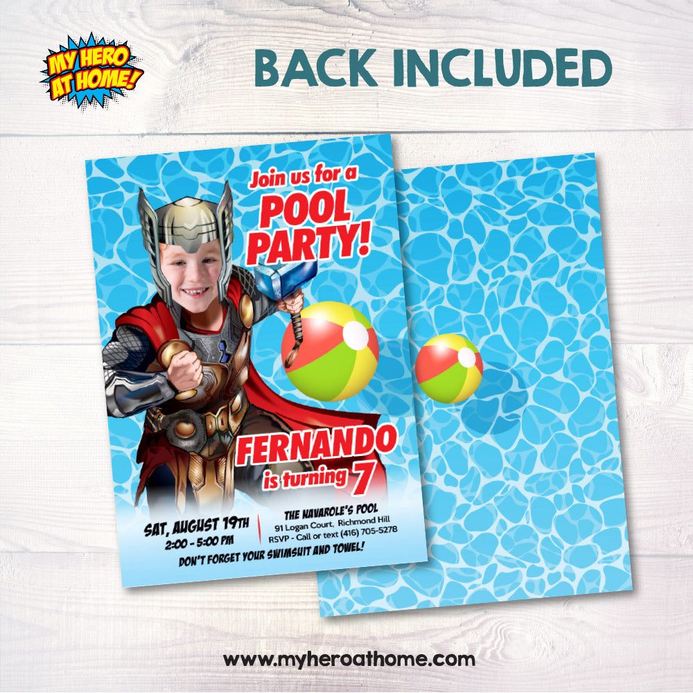 Thor Pool Party Invitation template, Thor swap face party Invitation, Pool Party Thor template. 857IN