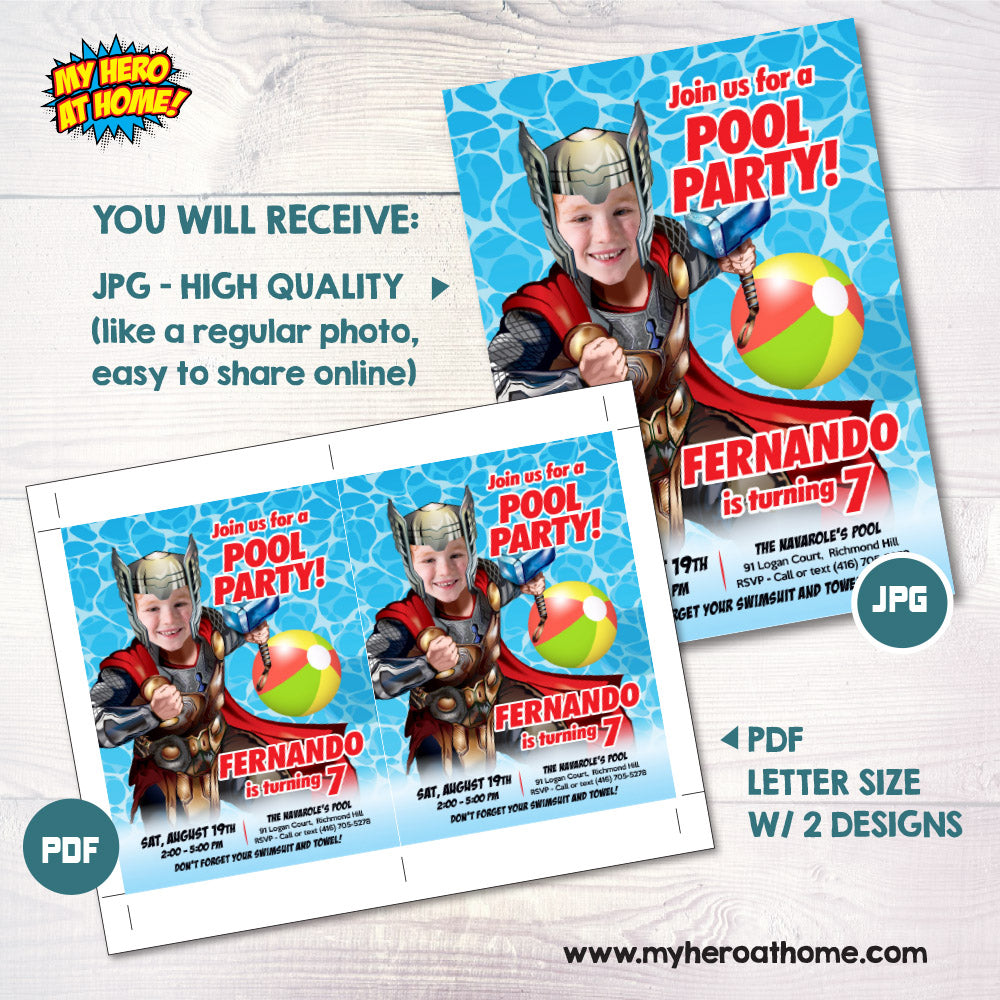 Thor Pool Party Invitation template, Thor swap face party Invitation, Pool Party Thor template. 857IN