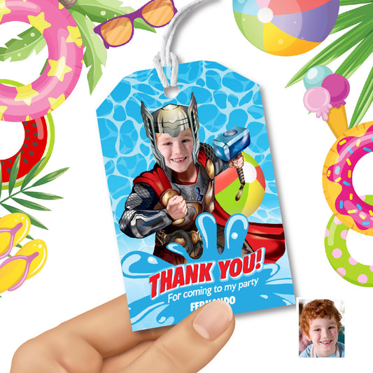 Custom Thor Pool party Favor tags and Thank you with photo. 857TY