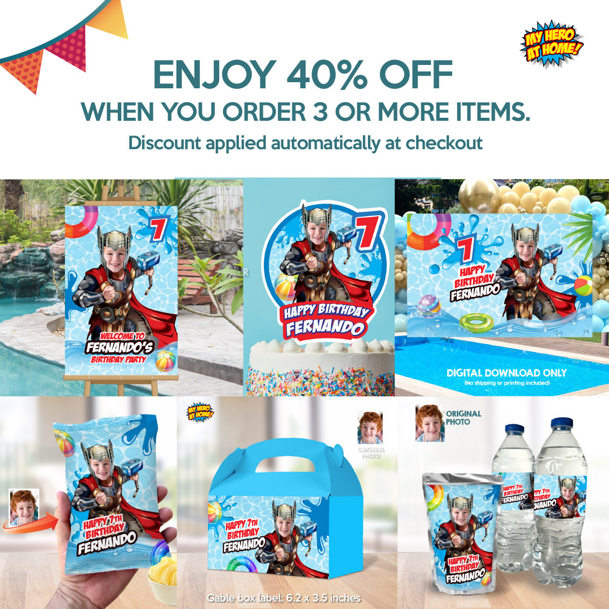 Thor Pool Party Cake Topper With Photo, Avengers Splash birthday cake. 857CT1