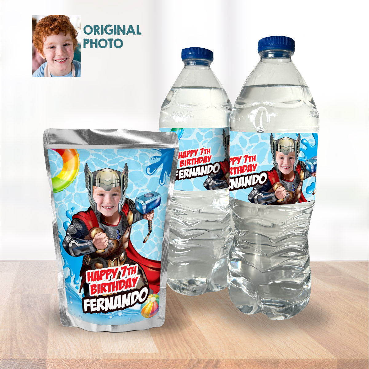 Custom Thor Pool Party Water Bottle Juices wrappers with photo. 857WJ