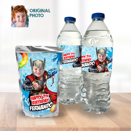 Custom Thor Pool Party Water Bottle Juices wrappers with photo. 857WJ