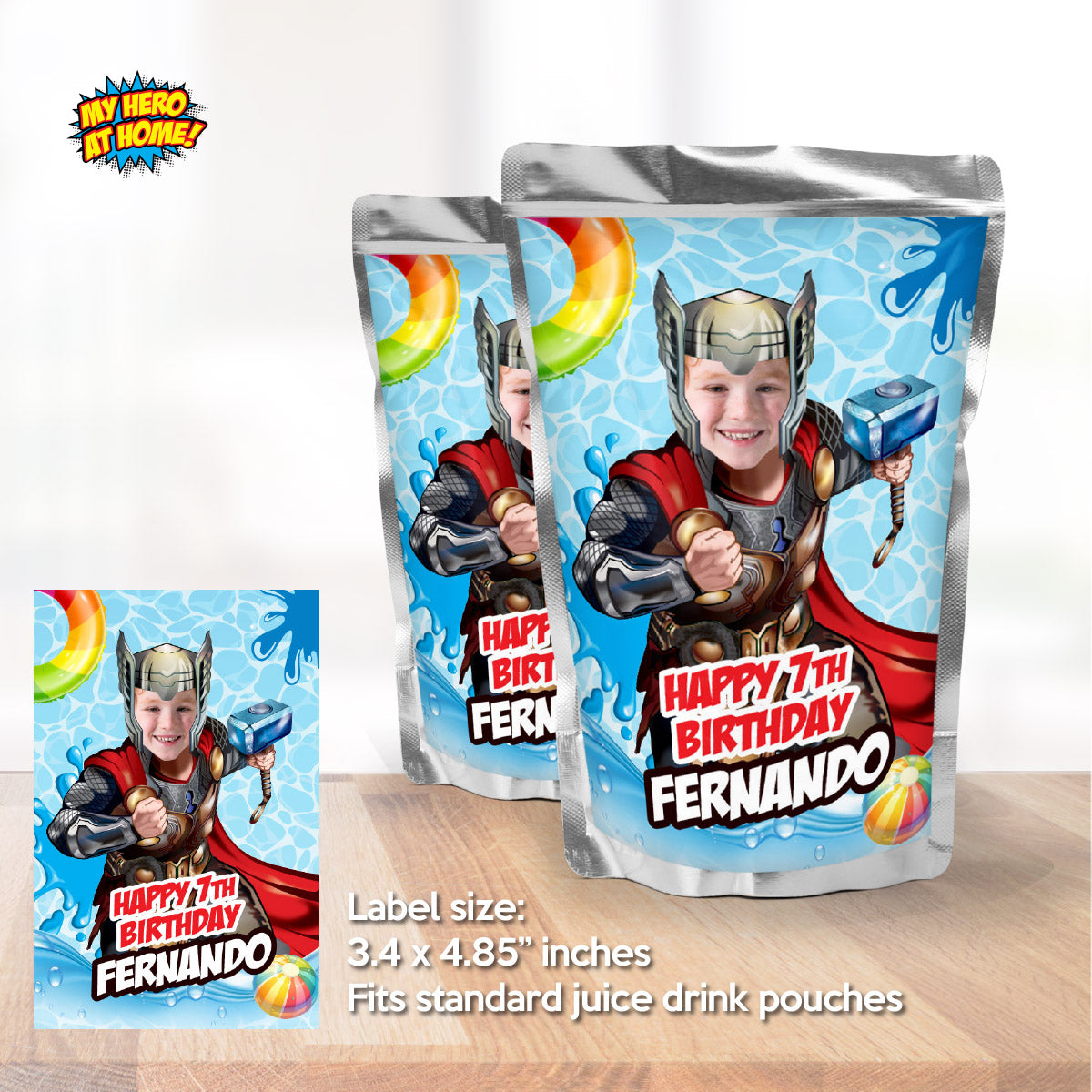 Custom Thor Pool Party Water Bottle Juices wrappers with photo. 857WJ