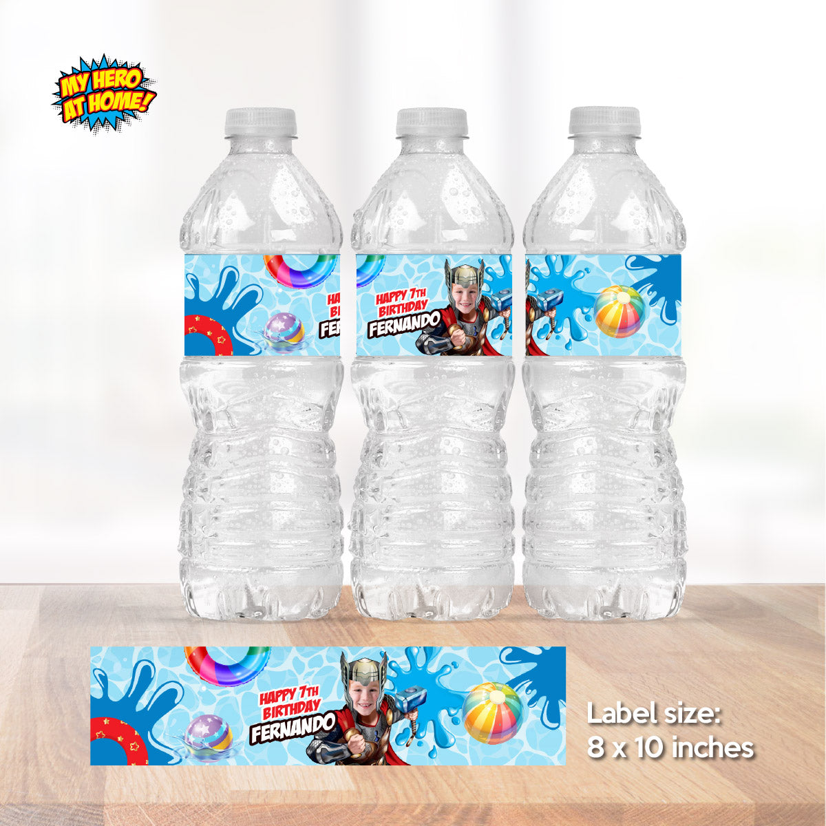 Custom Thor Pool Party Water Bottle Juices wrappers with photo. 857WJ