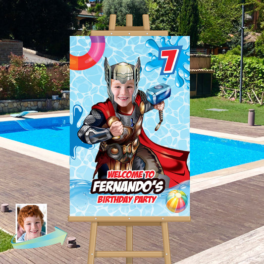 Custom Thor Pool Party Welcome Sign With Photo, Thor Splash party Entrance. 857WS