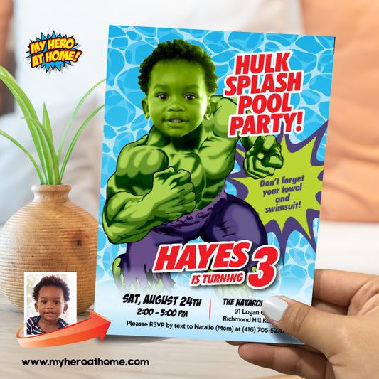 Hulk Splash Pool Party Invitation with photo, Custom Hulk Splash Party template, Hulk Water slide birthday invitation. 858