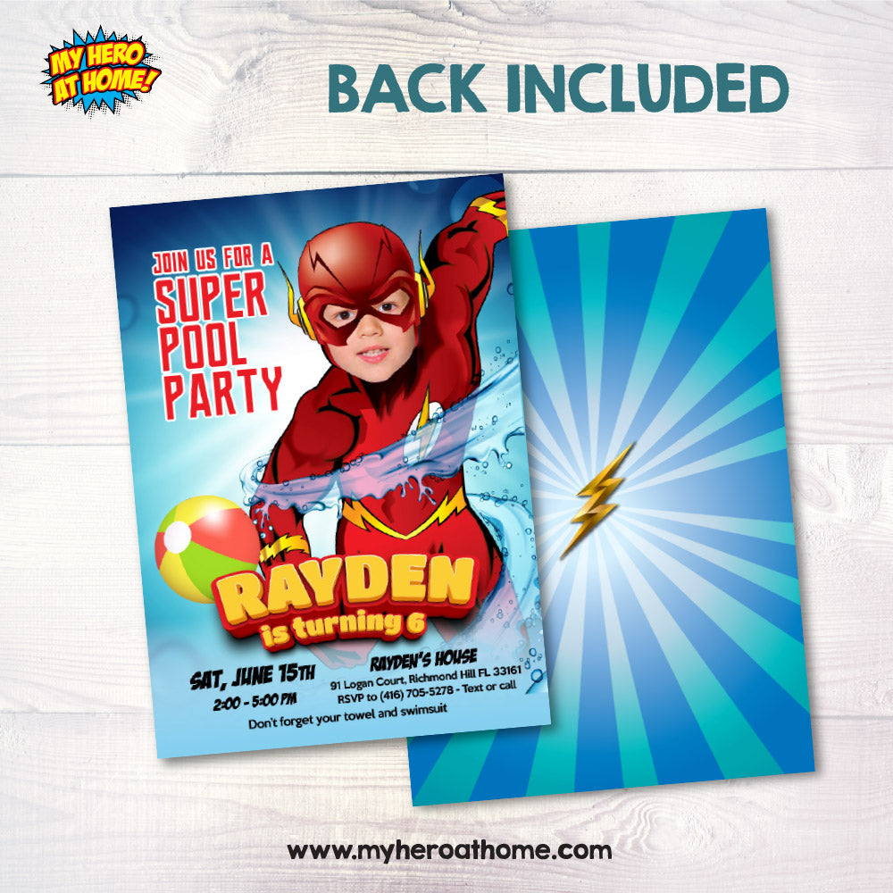 Flash pool party template with photo, Flash Water Slide birthday Invite, Flash Splash party invitation. 864IN